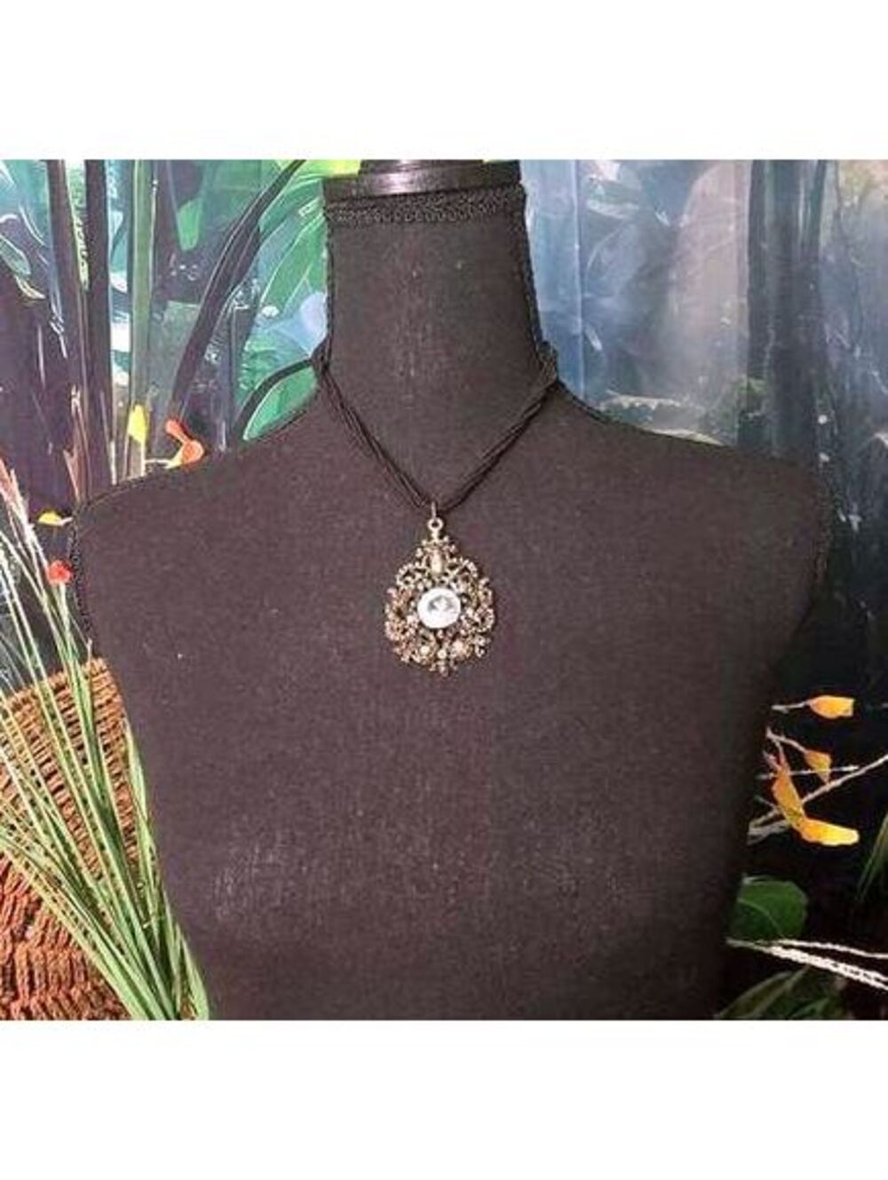 Vintage Ornate Rhinestone and Faux Pearl Filigree Pendant Necklace on Cord
